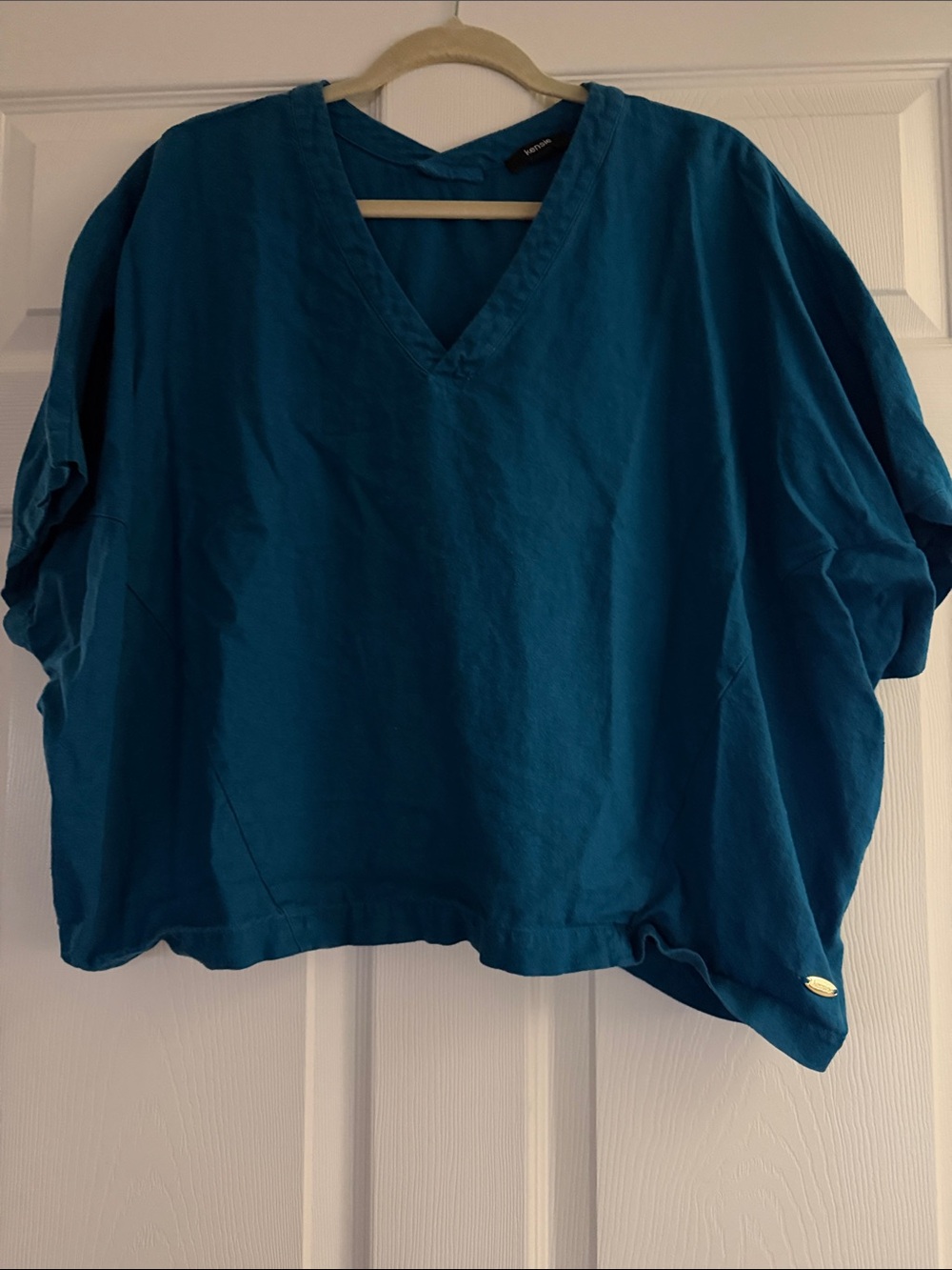 Kensie Linen Deep Teal V-Neck Top